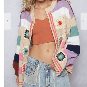 060.Cardigan in chenille sweater with handmade patch with striped pattern